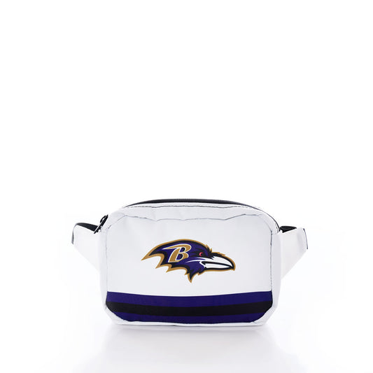 Sea Bags Baltimore Ravens Belt Bag—crafted from recycled sail cloth for sustainability—features black and purple stripes, the team’s logo on the front, and is shown against a plain white background. by Sea Bags
