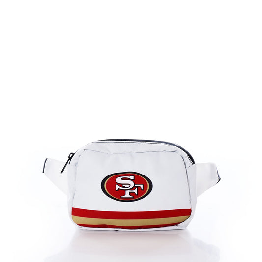 The Sea Bags San Francisco 49ers Belt Bag is an eco-friendly white accessory made from recycled sail cloth, showcasing the teams iconic logo on the front and finished with a bold red and gold stripe at the bottom—all set against a white background. by Sea Bags