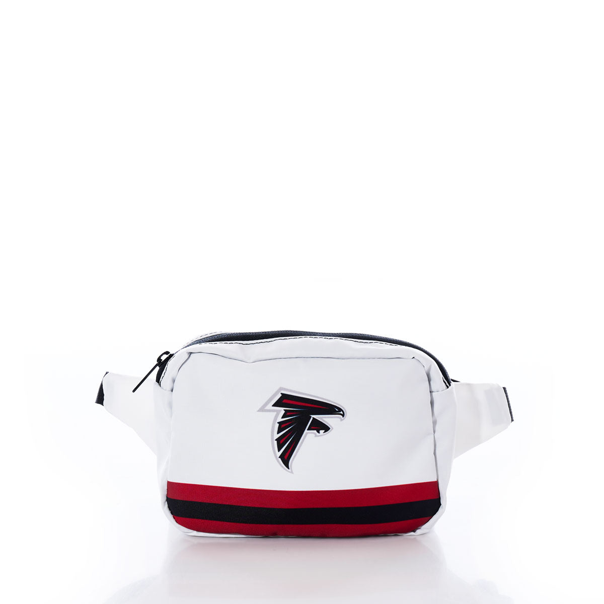 The Sea Bags Atlanta Falcons Belt Bag is a white belt bag featuring a black zipper, red and black stripes, and the official team logo displayed on the front. Perfect for Atlanta Falcons fans, this NFL accessory keeps your essentials handy while showcasing your team pride. by Sea Bags