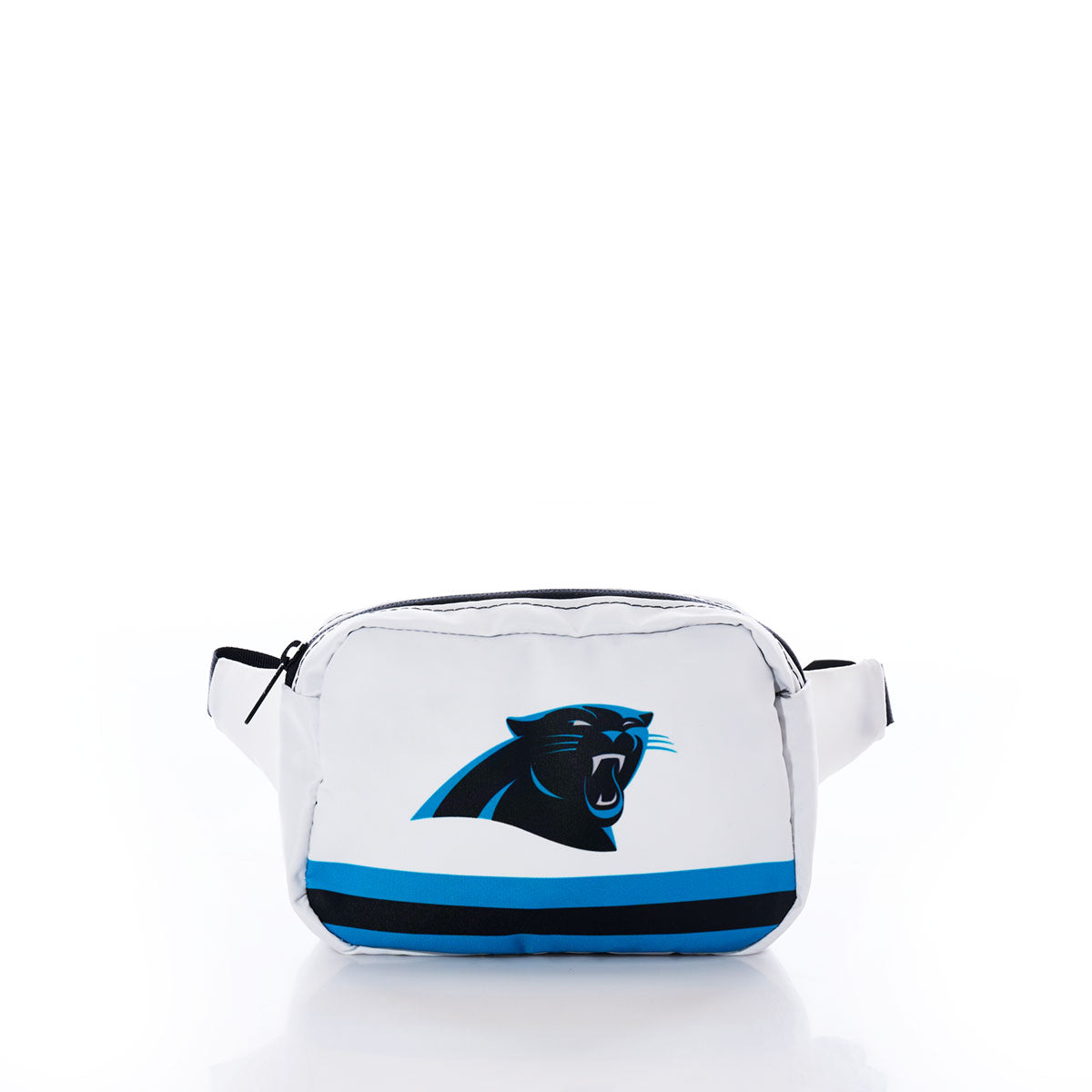 Sea Bags Carolina Panthers Belt Bag featuring a white design with a black strap, the official team logo, and two horizontal blue stripes at the bottom on a plain white background. This stylish accessory is perfect for Panthers fans eager to showcase their team spirit. by Sea Bags