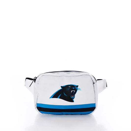 Sea Bags Carolina Panthers Belt Bag featuring a white design with a black strap, the official team logo, and two horizontal blue stripes at the bottom on a plain white background. This stylish accessory is perfect for Panthers fans eager to showcase their team spirit. by Sea Bags