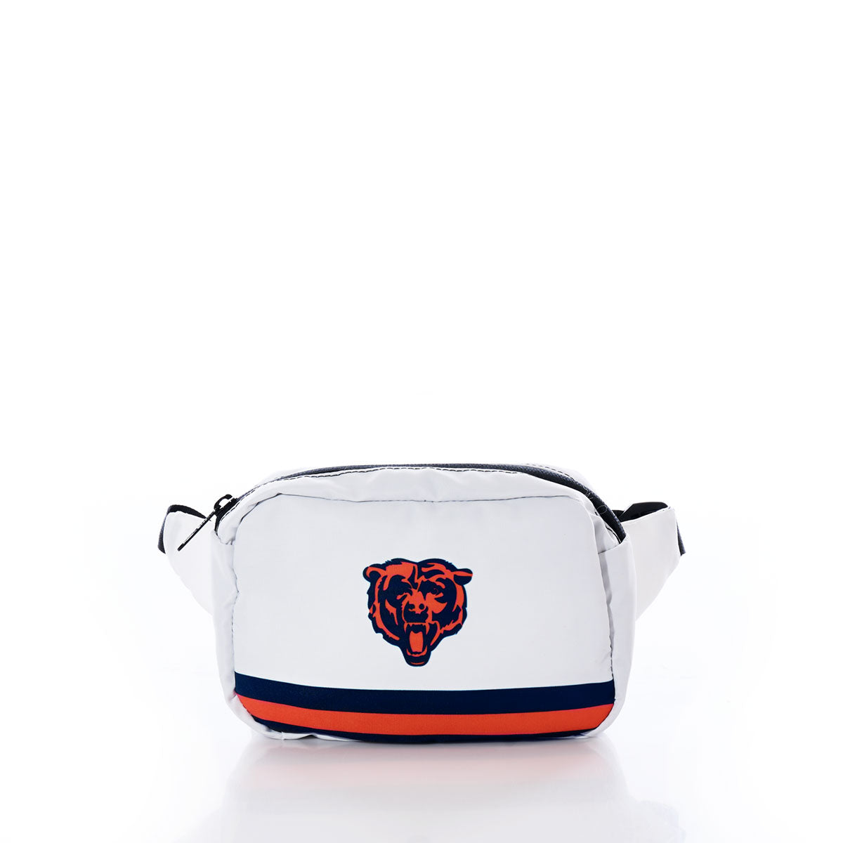 The Chicago Bears Belt Bag by Sea Bags is crafted from white recycled sail material and features a black strap, a black and orange bear logo on the front, and horizontal orange and navy stripes near the bottom. by Sea Bags