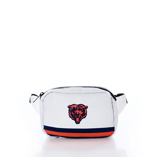 The Chicago Bears Belt Bag by Sea Bags is crafted from white recycled sail material and features a black strap, a black and orange bear logo on the front, and horizontal orange and navy stripes near the bottom. by Sea Bags