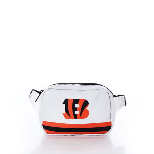 Sea Bags Cincinnati Bengals Belt Bag featuring a white crossbody design with black and orange stripes and a stylized “B” logo on the front, inspired by the iconic team’s look, photographed against a plain white background. by Sea Bags