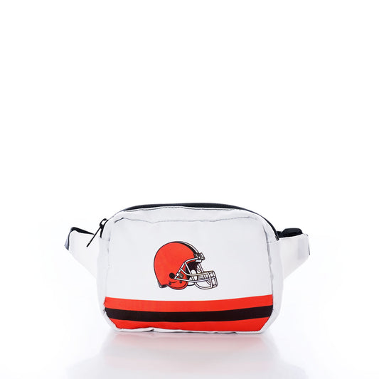 Celebrate your Dawg Pound pride with the Sea Bags Cleveland Browns Belt Bag, designed in crisp white and adorned with a football helmet logo plus two bold orange and brown stripes along the bottom—an effortlessly stylish accessory for any Browns fan. by Sea Bags