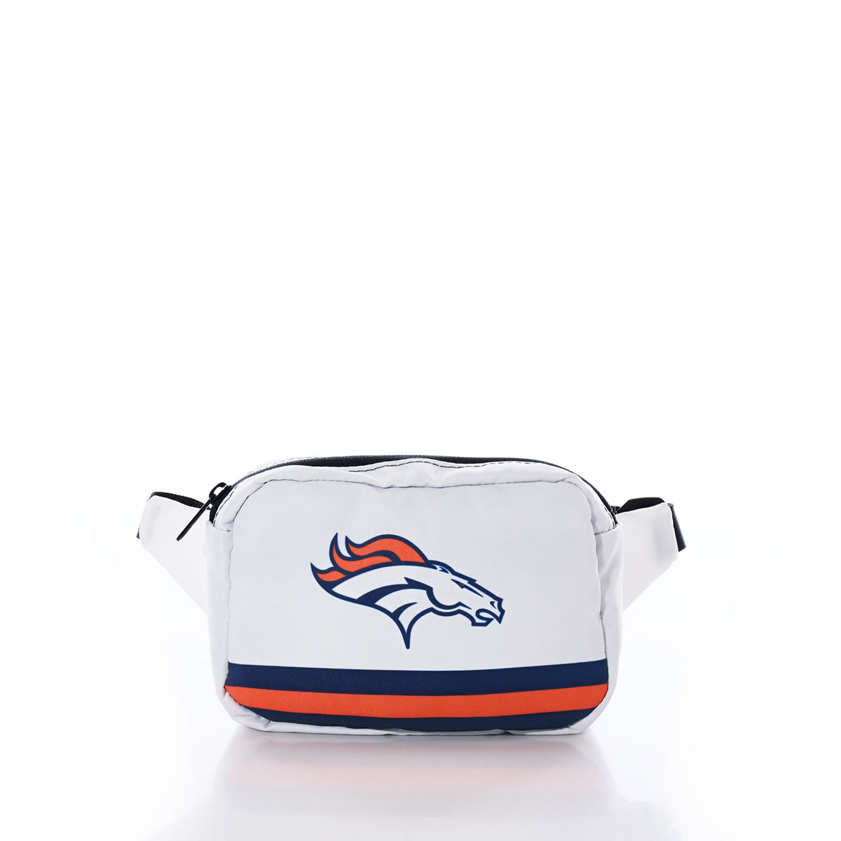 Denver Broncos Belt Bag by Sea Bags, crafted from recycled sail cloth, features the Denver Broncos logo and navy and orange stripes near the bottom, displayed on a white background. by Sea Bags