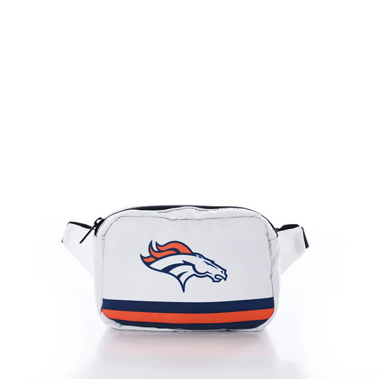 Denver Broncos Belt Bag by Sea Bags, crafted from recycled sail cloth, features the Denver Broncos logo and navy and orange stripes near the bottom, displayed on a white background. by Sea Bags