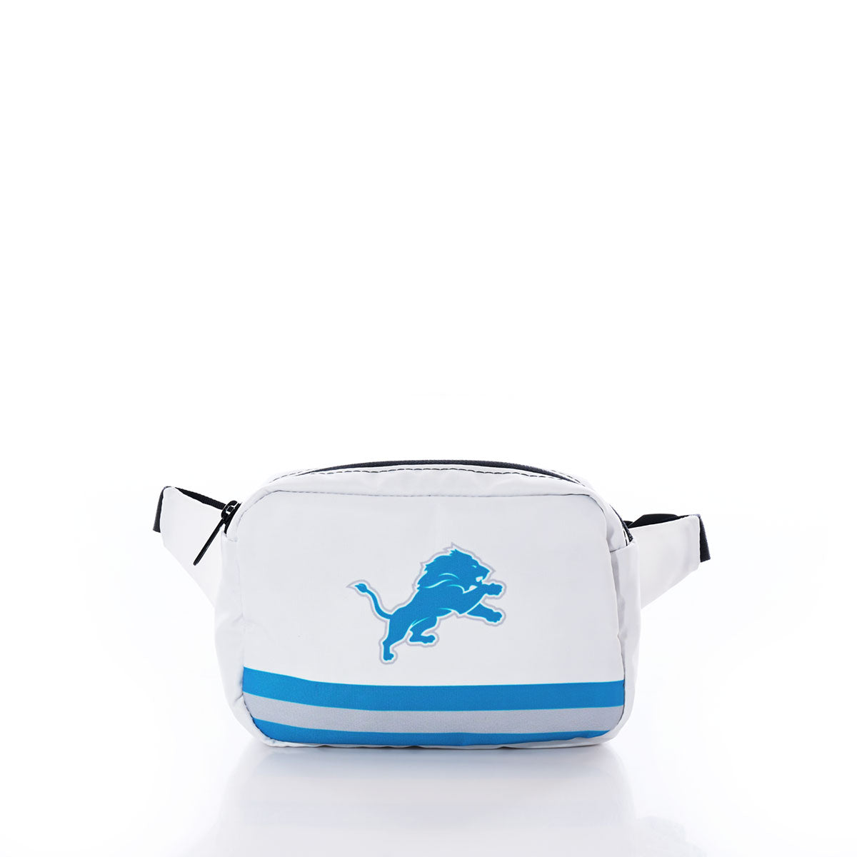 The Sea Bags Detroit Lions Belt Bag is made from recycled sail cloth and features a blue lion logo and blue stripes on a white background, combining sustainable style with bold team pride. by Sea Bags