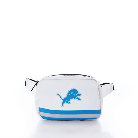 The Sea Bags Detroit Lions Belt Bag is made from recycled sail cloth and features a blue lion logo and blue stripes on a white background, combining sustainable style with bold team pride. by Sea Bags