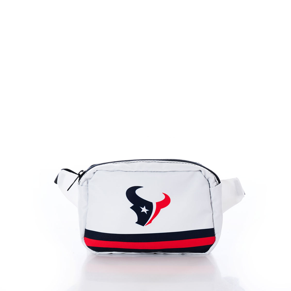 Sea Bags Houston Texans Belt Bag crafted from recycled sail cloth for a sustainable NFL merchandise choice, featuring the team logo on white with black and red stripes near the bottom. Displayed against a plain white background. by Sea Bags