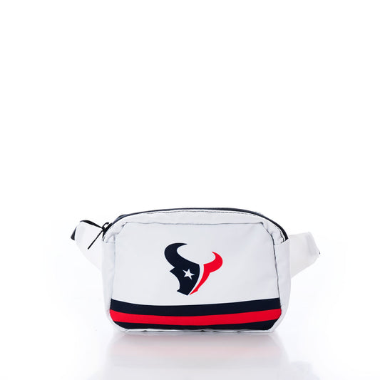 Sea Bags Houston Texans Belt Bag crafted from recycled sail cloth for a sustainable NFL merchandise choice, featuring the team logo on white with black and red stripes near the bottom. Displayed against a plain white background. by Sea Bags
