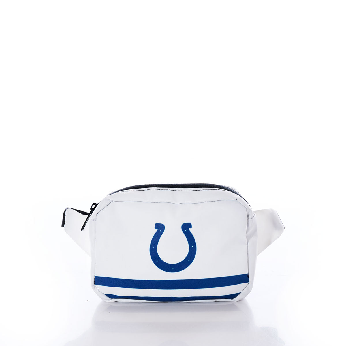 Crafted from recycled sail cloth, the Sea Bags Indianapolis Colts Belt Bag features a white design with blue stripes and a blue horseshoe logo on the front—blending sustainability and team spirit—shown against a plain white background. by Sea Bags