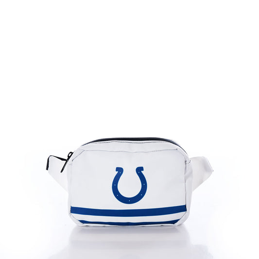 Crafted from recycled sail cloth, the Sea Bags Indianapolis Colts Belt Bag features a white design with blue stripes and a blue horseshoe logo on the front—blending sustainability and team spirit—shown against a plain white background. by Sea Bags
