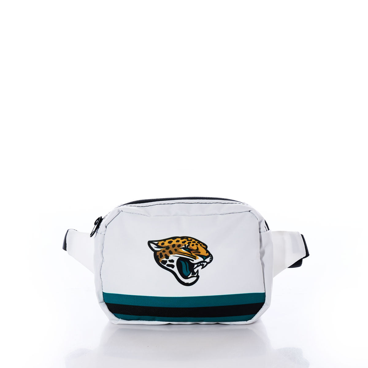 The Sea Bags Jacksonville Jaguars Belt Bag is a white waist bag featuring a teal and black stripe and a jaguar head logo on the front, inspired by the official design of the Jacksonville Jaguars. Crafted from recycled sail cloth, it is photographed against a plain white background. by Sea Bags