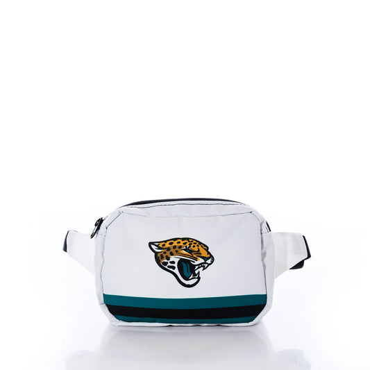 The Sea Bags Jacksonville Jaguars Belt Bag is a white waist bag featuring a teal and black stripe and a jaguar head logo on the front, inspired by the official design of the Jacksonville Jaguars. Crafted from recycled sail cloth, it is photographed against a plain white background. by Sea Bags