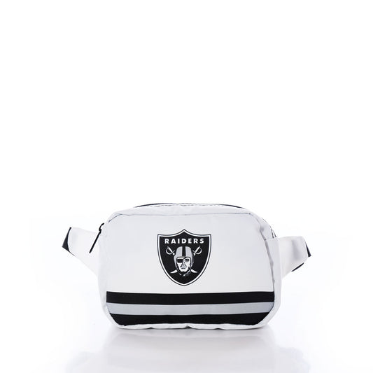 The Sea Bags Las Vegas Raiders Belt Bag, featuring a white design with black stripes and the Raiders logo on the front, is displayed against a plain white background. by Sea Bags