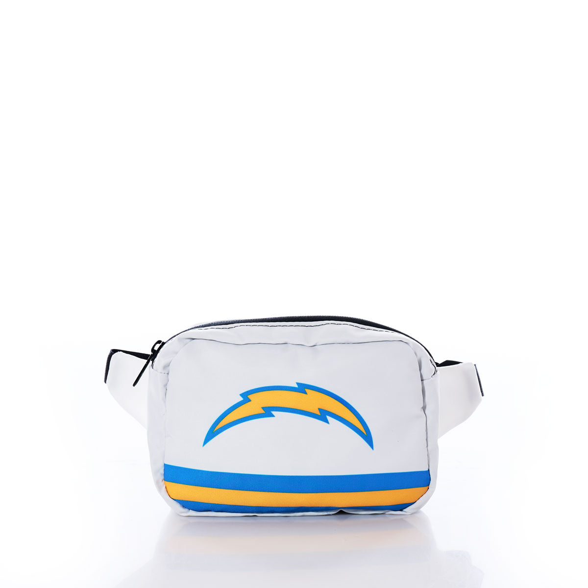 The Los Angeles Chargers Belt Bag by Sea Bags is crafted from recycled sail cloth and showcases the team logo along with a blue and yellow stripe. Presented against a plain white background, this bag offers fans a stylish and eco-friendly accessory option. by Sea Bags