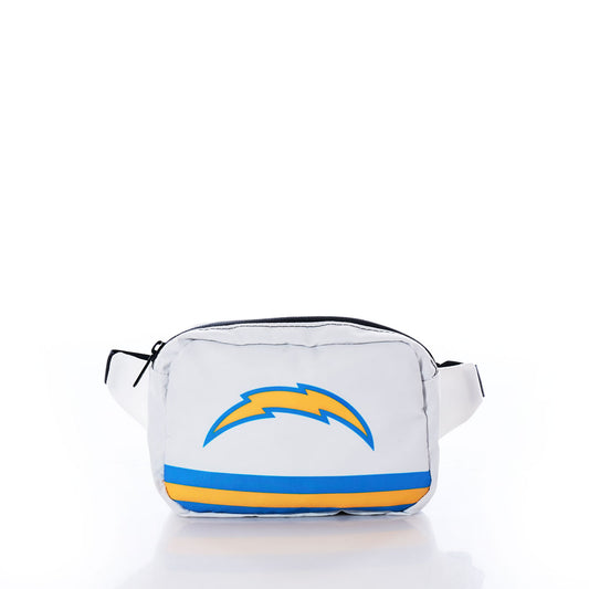 The Los Angeles Chargers Belt Bag by Sea Bags is crafted from recycled sail cloth and showcases the team logo along with a blue and yellow stripe. Presented against a plain white background, this bag offers fans a stylish and eco-friendly accessory option. by Sea Bags
