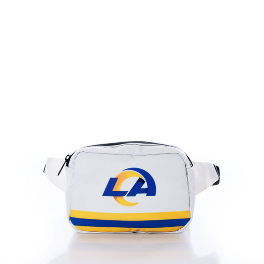 A white Los Angeles Rams belt bag by Sea Bags, made from recycled sail cloth and designed with a zipper, blue and yellow LA logo, and two yellow stripes at the bottom, is photographed on a white background—an eco-friendly accessory. by Sea Bags