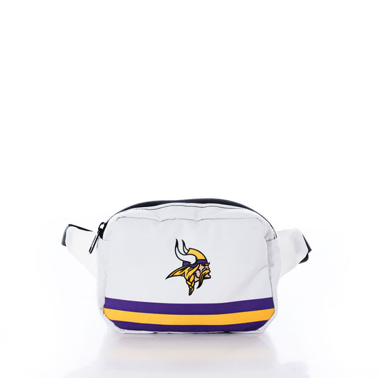 Sea Bags Minnesota Vikings Belt Bag, made from recycled sail cloth materials in partnership with Flowfold, features white fabric accented by purple and yellow stripes and a bold Viking head logo on the front. The bag is displayed against a plain white background. by Sea Bags