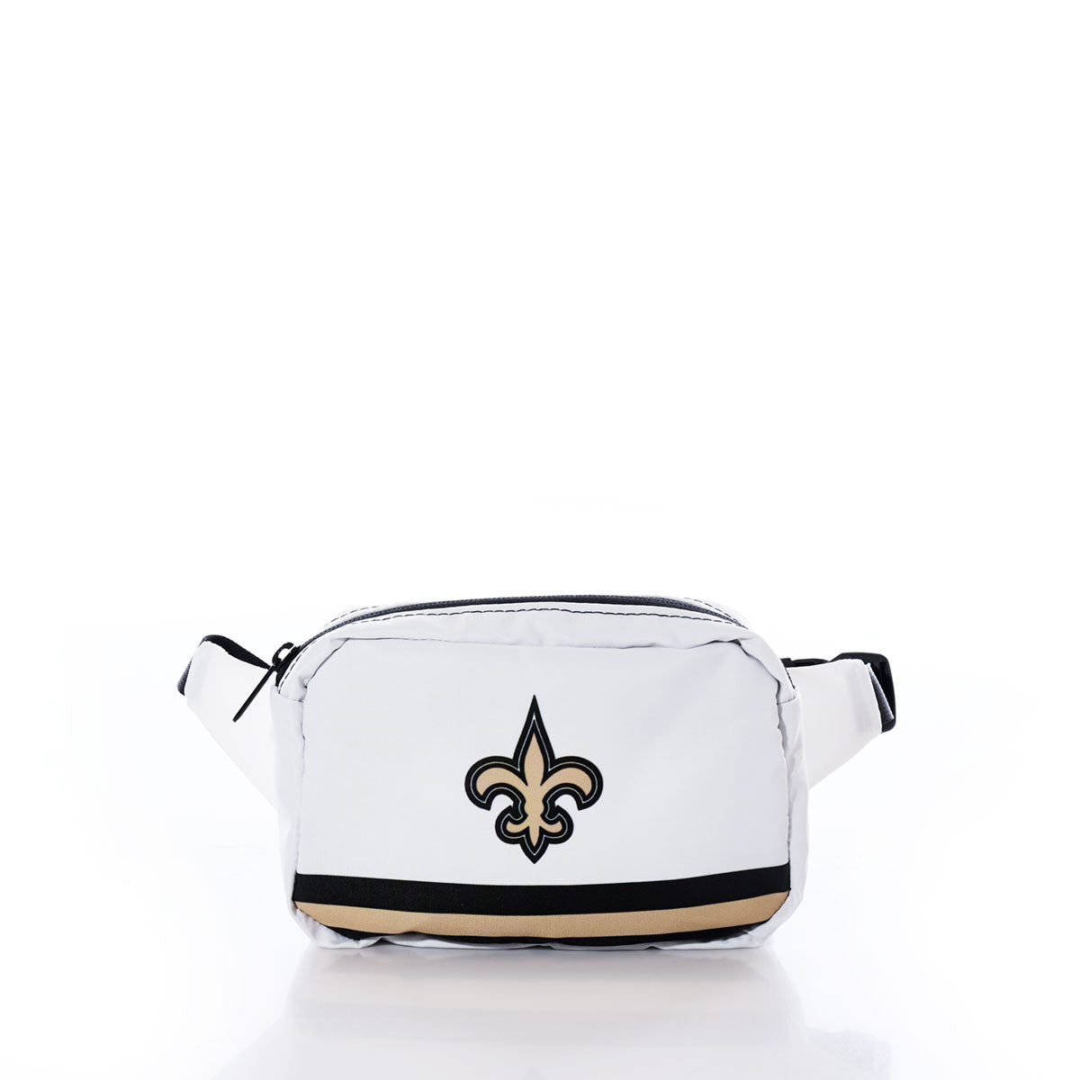 The New Orleans Saints Belt Bag by Sea Bags is crafted from recycled sail cloth and features a black and gold fleur-de-lis emblem on the front, a zipper closure, and an adjustable strap. Displayed against a plain white background, this distinctive belt bag is perfect for devoted Saints fans. by Sea Bags