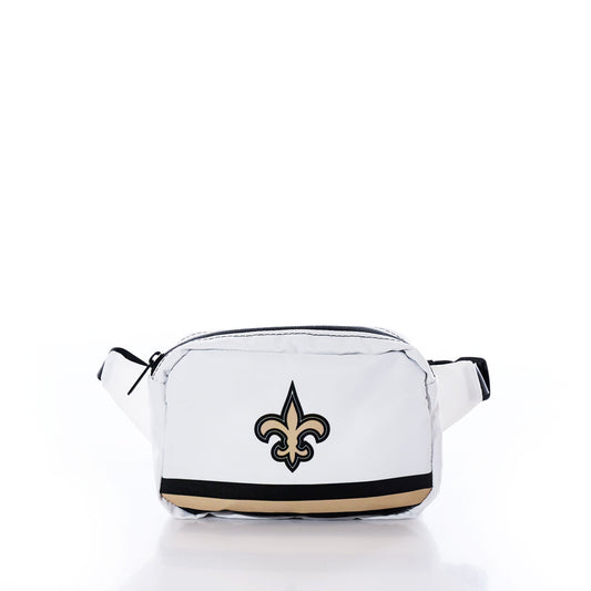 The New Orleans Saints Belt Bag by Sea Bags is crafted from recycled sail cloth and features a black and gold fleur-de-lis emblem on the front, a zipper closure, and an adjustable strap. Displayed against a plain white background, this distinctive belt bag is perfect for devoted Saints fans. by Sea Bags