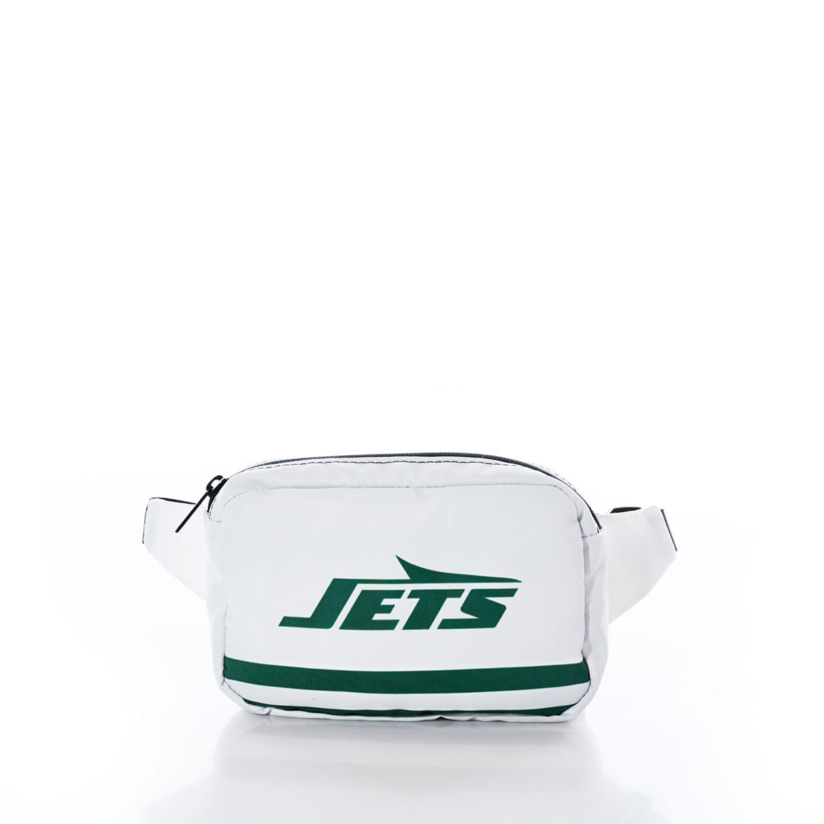 Introducing the New York Jets Belt Bag by Sea Bags—a sustainable white fanny pack featuring a black zipper, green JETS logo, and a bold green stripe along the bottom front. Perfect for gameday, this bag is shown against a white background. by Sea Bags