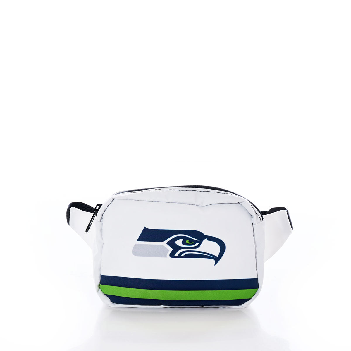 Seattle Seahawks Belt Bag by Sea Bags, crafted from recycled sail cloth, featuring the Seattle Seahawks logo in navy and green, with a black adjustable strap and a zippered main compartment, shown against a white background. by Sea Bags