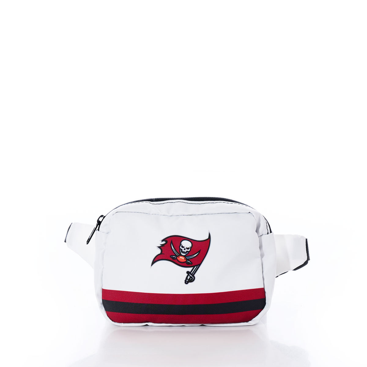 The Sea Bags Tampa Bay Buccaneers Belt Bag, made from recycled sail cloth for eco-friendly style, features a white design with two red stripes and the Buccaneers flag logo on the front. Shown against a white background. by Sea Bags