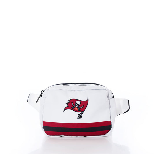 The Sea Bags Tampa Bay Buccaneers Belt Bag, made from recycled sail cloth for eco-friendly style, features a white design with two red stripes and the Buccaneers flag logo on the front. Shown against a white background. by Sea Bags