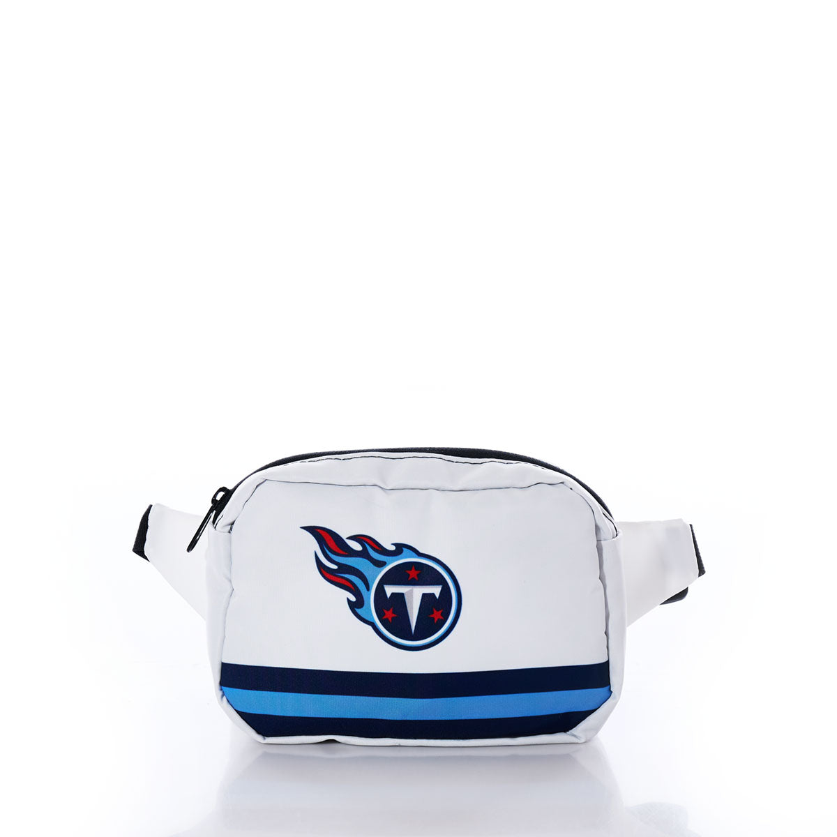The Sea Bags Tennessee Titans Belt Bag, made from durable recycled sail cloth, features blue stripes and the Tennessee Titans logo on the front and is displayed against a plain white background. by Sea Bags