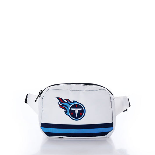 The Sea Bags Tennessee Titans Belt Bag, made from durable recycled sail cloth, features blue stripes and the Tennessee Titans logo on the front and is displayed against a plain white background. by Sea Bags