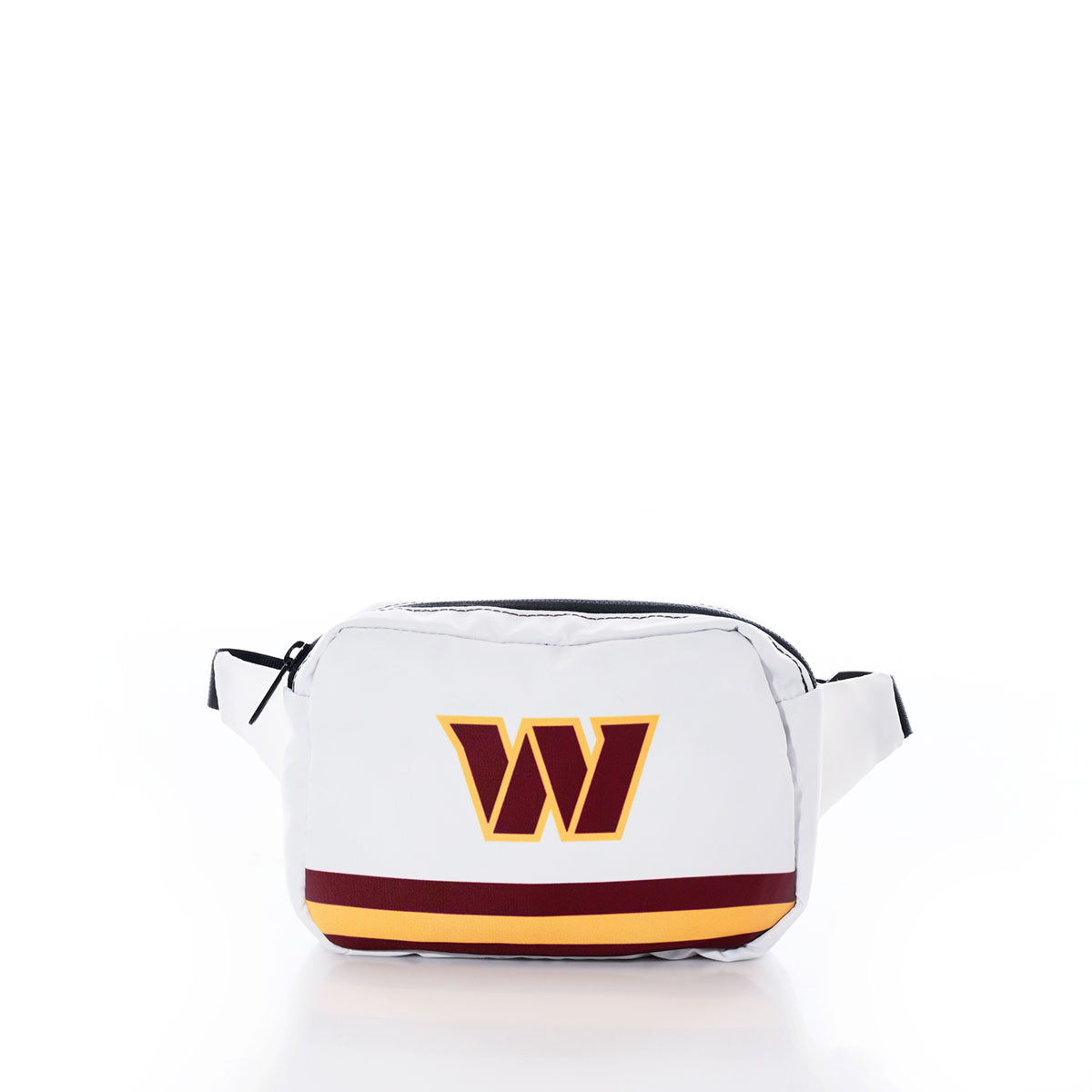 The Sea Bags Washington Commanders Belt Bag features a white design crafted from durable recycled sail cloth, accented with a maroon and gold W logo on the front, a horizontal stripe near the bottom, and finished with a black zipper closure. by Sea Bags