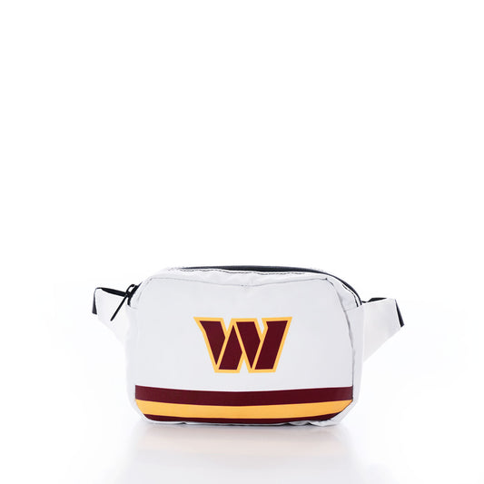The Sea Bags Washington Commanders Belt Bag features a white design crafted from durable recycled sail cloth, accented with a maroon and gold W logo on the front, a horizontal stripe near the bottom, and finished with a black zipper closure. by Sea Bags