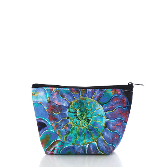 The Sea Bags Multicolor Nautilus Cosmetic Bag is made from recycled sail cloth and features a vibrant, watercolor-inspired nautilus shell design on the front, shown against a white background. by Sea Bags