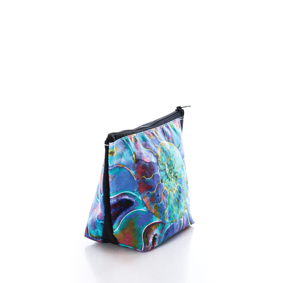 The Sea Bags Multicolor Nautilus Cosmetic Bag is a small zippered pouch featuring a vibrant, abstract nautilus shell design, beautifully photographed on a white background. by Sea Bags