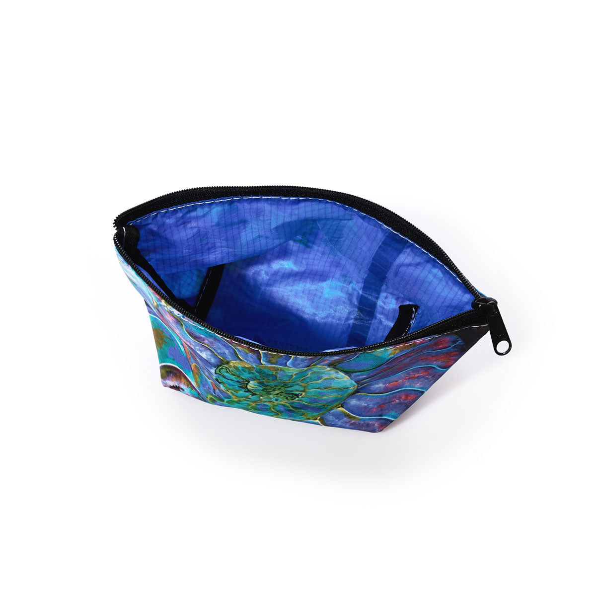 The Sea Bags Multicolor Nautilus Cosmetic Bag features a zippered pouch with a blue and multicolored watercolor nautilus shell design on the exterior and a plain blue interior, displayed against a white background. Made from recycled sail cloth, this bag offers both durability and eco-friendly style. by Sea Bags