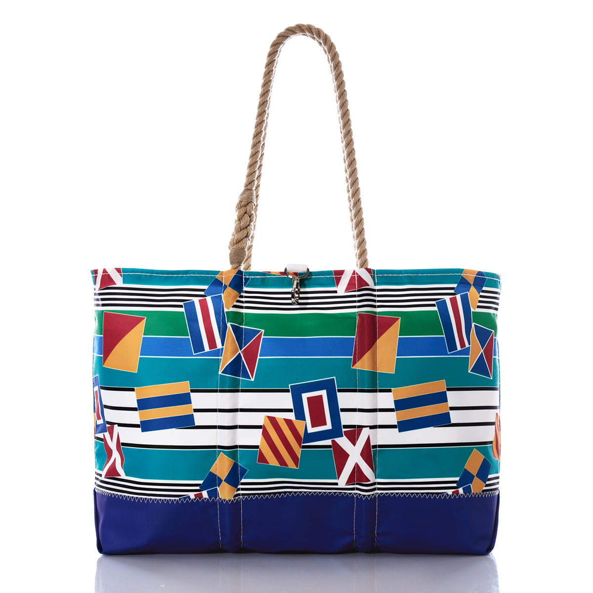 Introducing the Signal Flags Ogunquit Beach Tote by Sea Bags—a vibrant, water-resistant tote crafted from recycled sail cloth. Showcasing rope handles and bold nautical flag designs with horizontal stripes in blue, green, white, yellow, and red, this eco-friendly bag blends sustainability with coastal style for all your seaside adventures. by Sea Bags