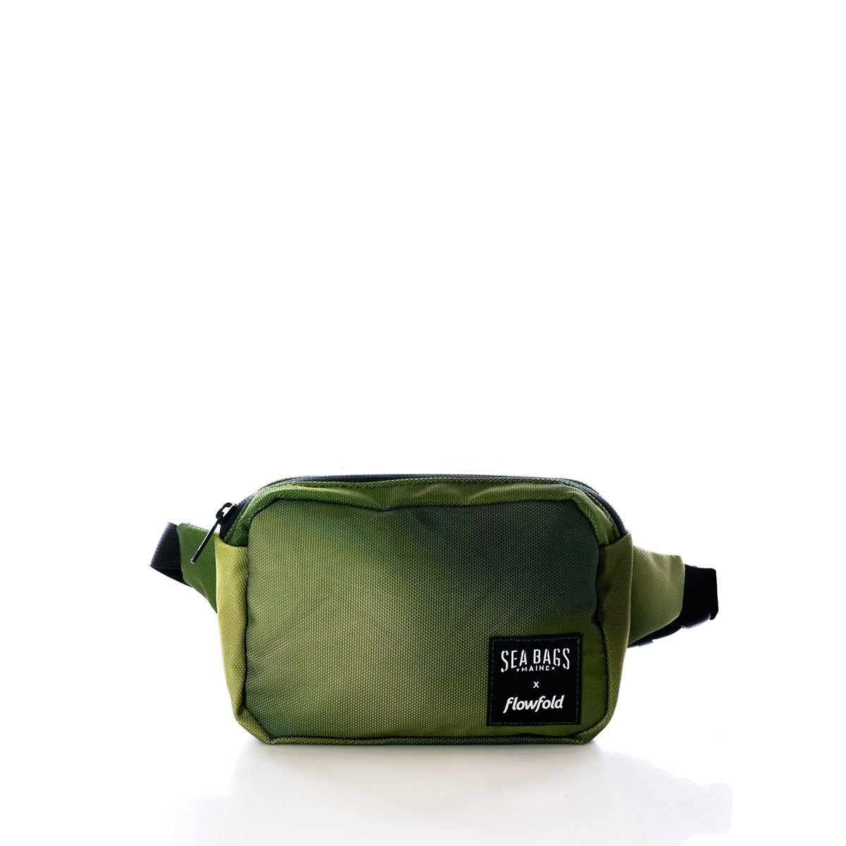 A rectangular olive green Dragon Skin Belt Bag from Sea Bags, sustainably crafted and showcasing a Sea Bags x Flowfold logo patch, is displayed against a plain white background—blending rugged style with eco-friendly design. by Sea Bags