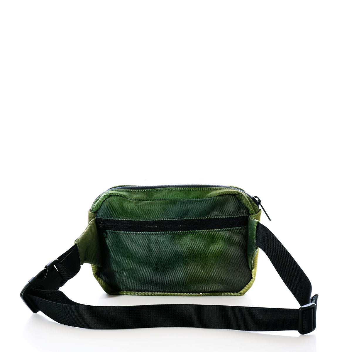 The Sea Bags Dragon Skin Belt Bag, crafted in green and black with a zippered closure and an adjustable strap for convenience, is sustainably made and showcased against a white background. by Sea Bags