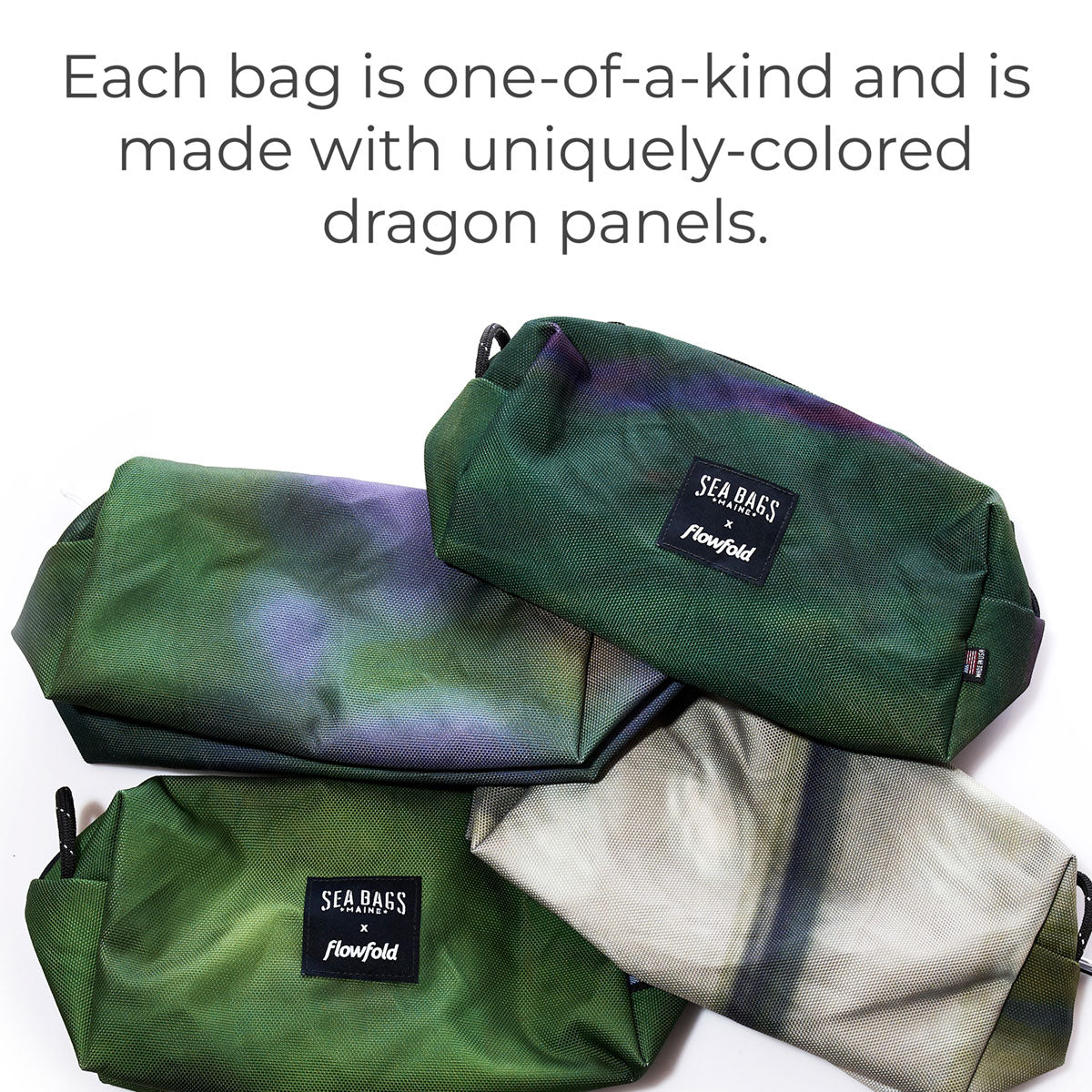 Four green Dragon Skin Toiletry Bags from Sea Bags are arranged on a white background, each featuring abstract colored patterns and highlighted text detailing their unique panel design. This sustainable collection showcases vibrant artistry and reflects eco-friendly values—an innovative approach inspired by icons like the Empire State Building. by Sea Bags