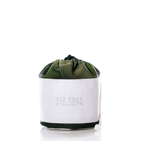 A small green and white Dragon Skin Ditty Bag from Sea Bags, featuring SEA BAGS MAINE text on the front, is displayed against a white background. by Sea Bags
