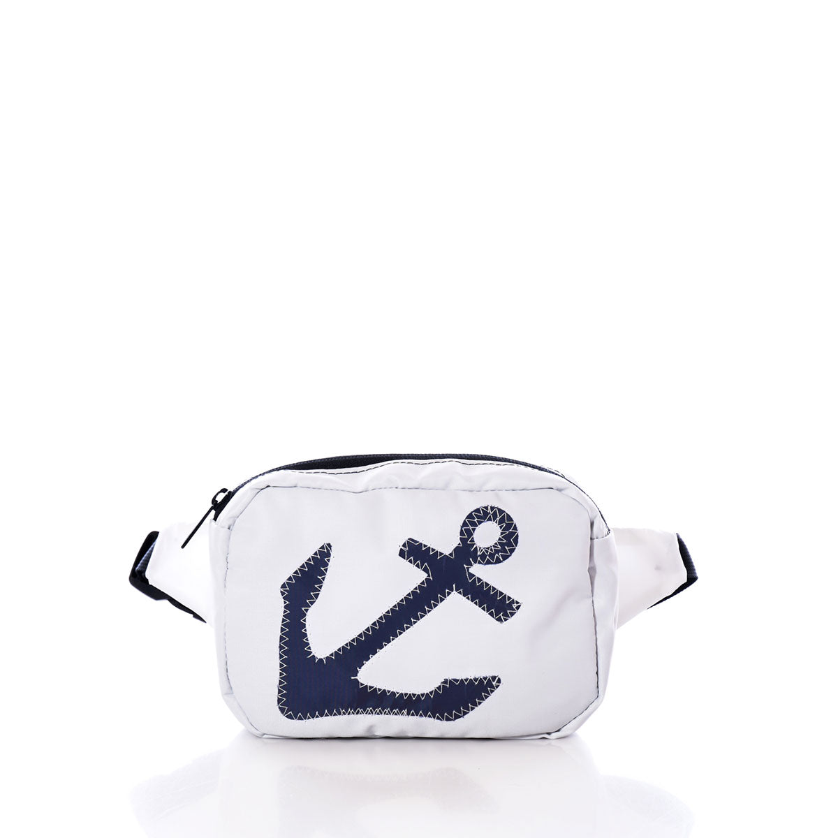 The Navy Anchor Belt Bag by Sea Bags is a white waist bag made from recycled sail cloth, showcasing a bold navy-blue anchor design on the front and presented against a plain white background—an eco-friendly accessory perfect for sustainable, style-conscious individuals. by Sea Bags