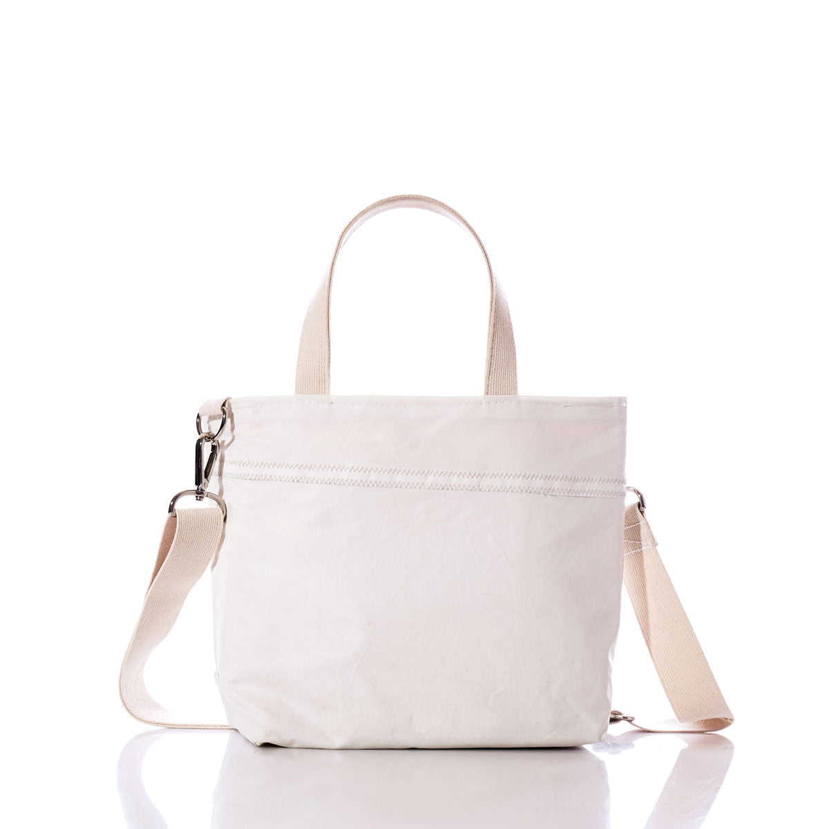Navy Anchor Crossbody Tote by Sea Bags, featuring short handles and a detachable, adjustable shoulder strap, crafted from eco-friendly materials and shown against a white background. by Sea Bags