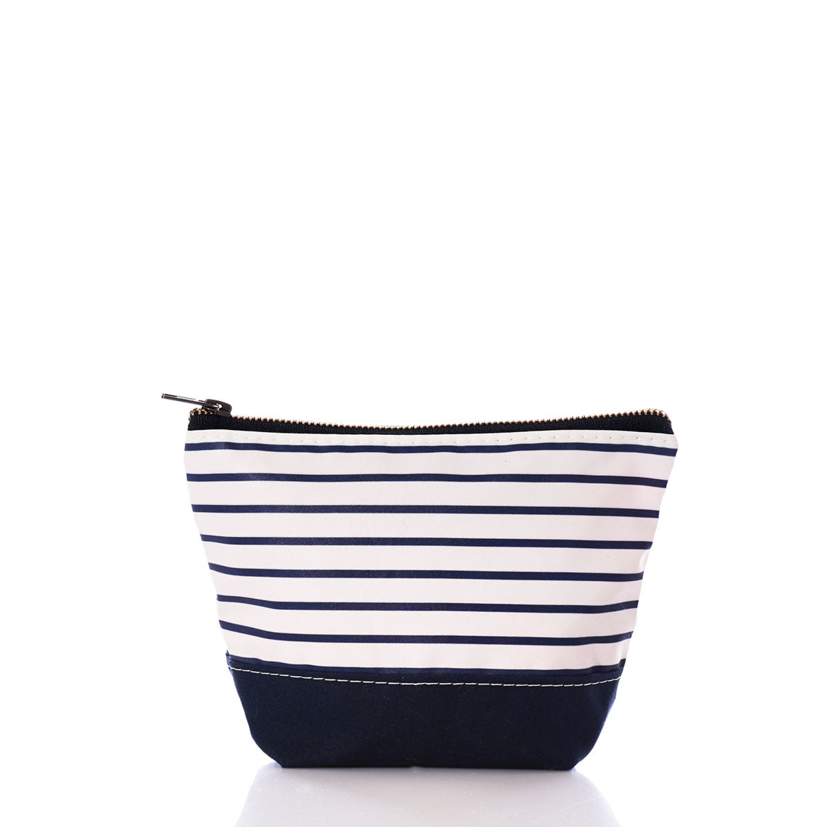 The Sea Bags Navy Mariner Stripe Chebeague Cosmetic Bag is a small, trapezoidal cosmetic bag made from recycled sailcloth, featuring a navy blue and white striped pattern on top with a solid navy blue base and a zippered closure at the top. by Sea Bags