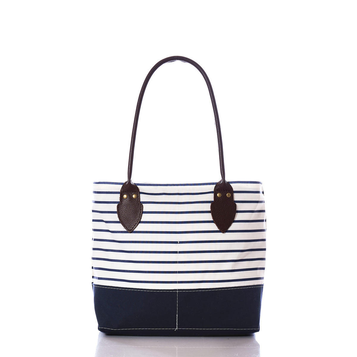The Navy Mariner Stripe Chebeague Handbag by Sea Bags features navy and white stripes with dark brown handles, handmade on Chebeague Island from recycled sail cloth and photographed against a white background. by Sea Bags