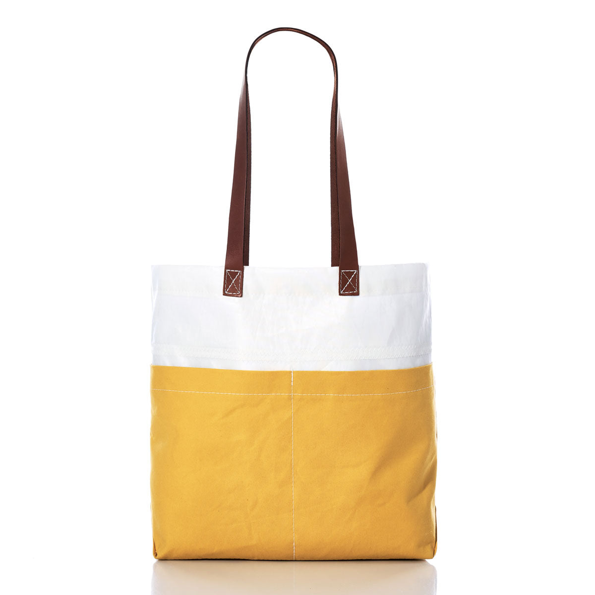 The Sea Bags Golden Yellow Chebeague Market Tote features a white upper section and a yellow lower section, accented with two brown leather handles and visible white stitching in the classic recycled sails tote style. by Sea Bags