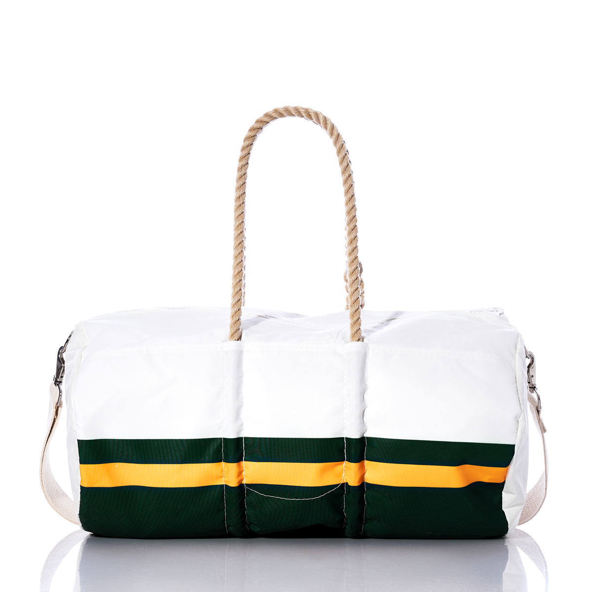 Green Bay Packers Duffel by Sea Bags, featuring green and yellow horizontal stripes, rope handles, and an adjustable shoulder strap, crafted from recycled sail cloth duffel material and displayed on a reflective surface. by Sea Bags