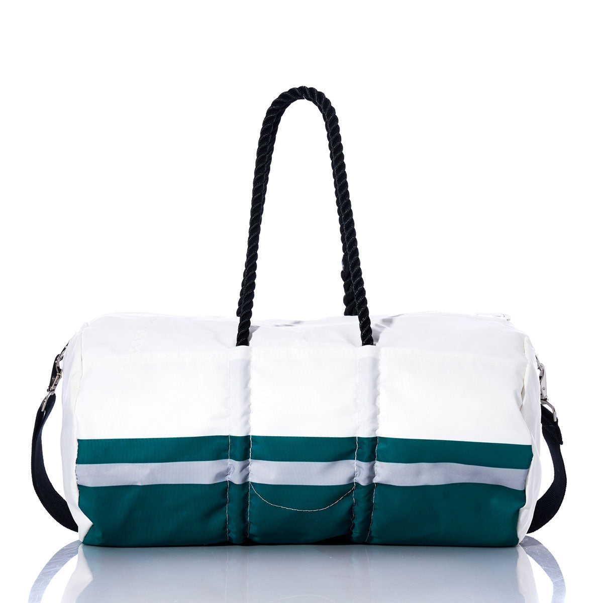 The Sea Bags Philadelphia Eagles Duffel, made from recycled sail cloth in white and green, features black rope handles and a detachable shoulder strap. Shown against a white background, its the perfect accessory for any Eagles fan. by Sea Bags