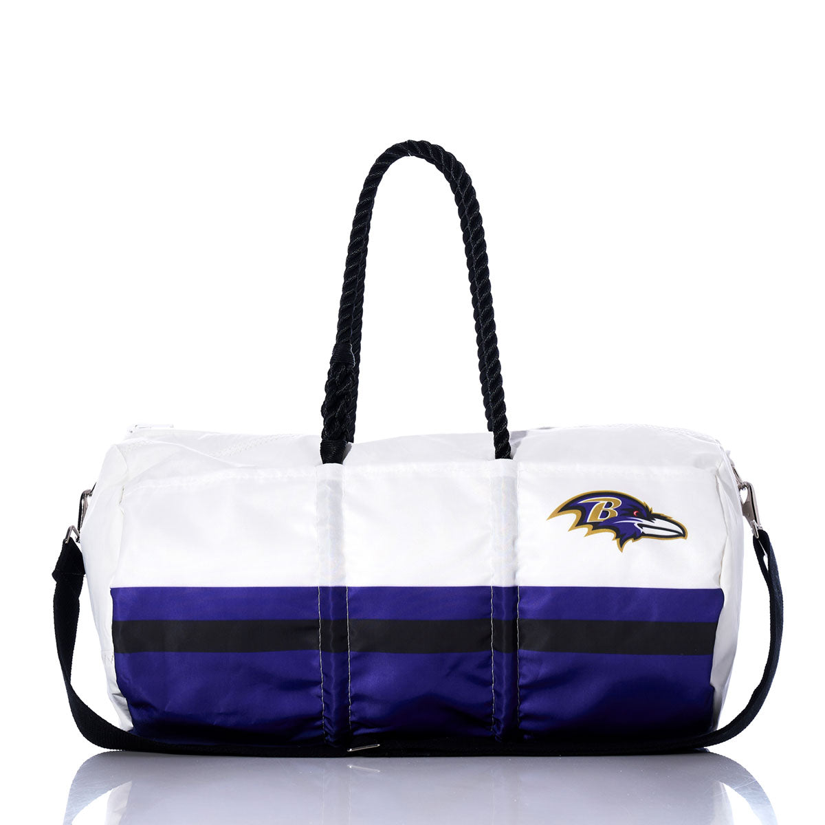 Sea Bags Baltimore Ravens Duffel featuring a white and purple design, black rope handles, black shoulder strap, and the Baltimore Ravens logo on one side. by Sea Bags
